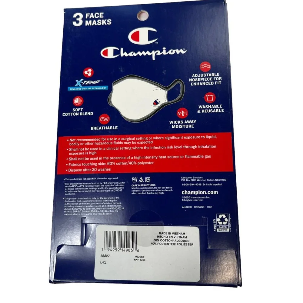 Champion 6 Adult Face Masks 2 Boxes Of‎ 3 Concrete L/XL Reusable